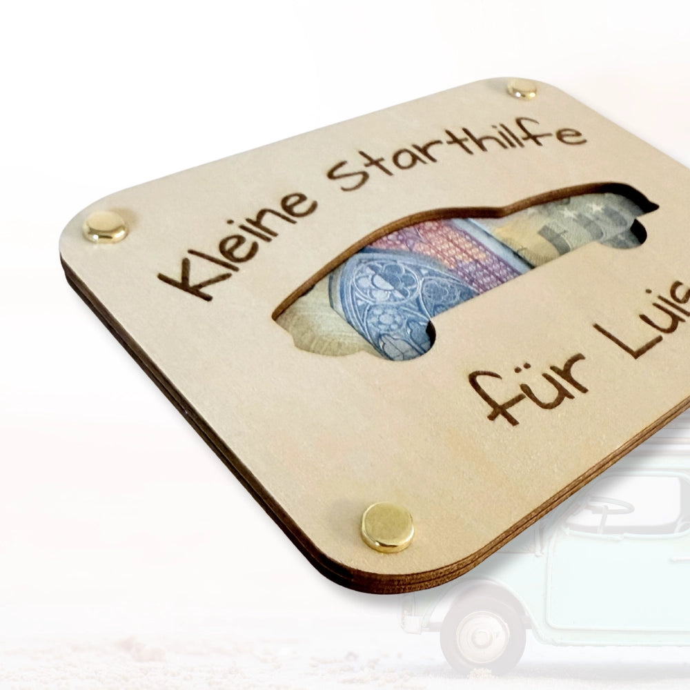 Personalisierte Holzkarte als Geldgeschenk für Führerschein "Kleine Starthilfe"