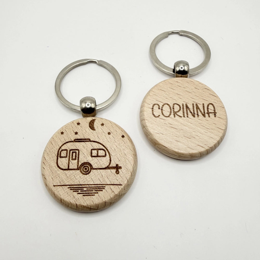Personalisierter runder Schlüsselanhänger "Camping" - 9 Motive zur Auswahl