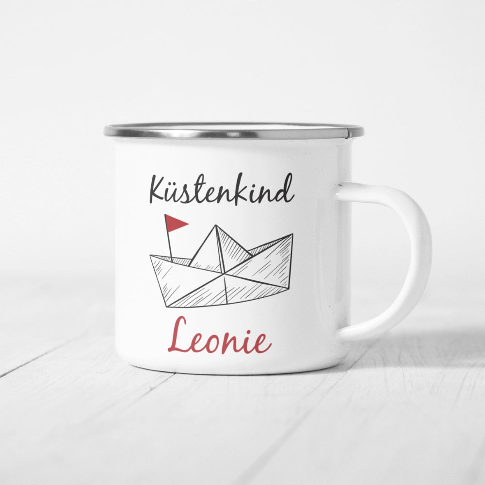 Personalisierte Emaille-Tasse "Küstenkind"