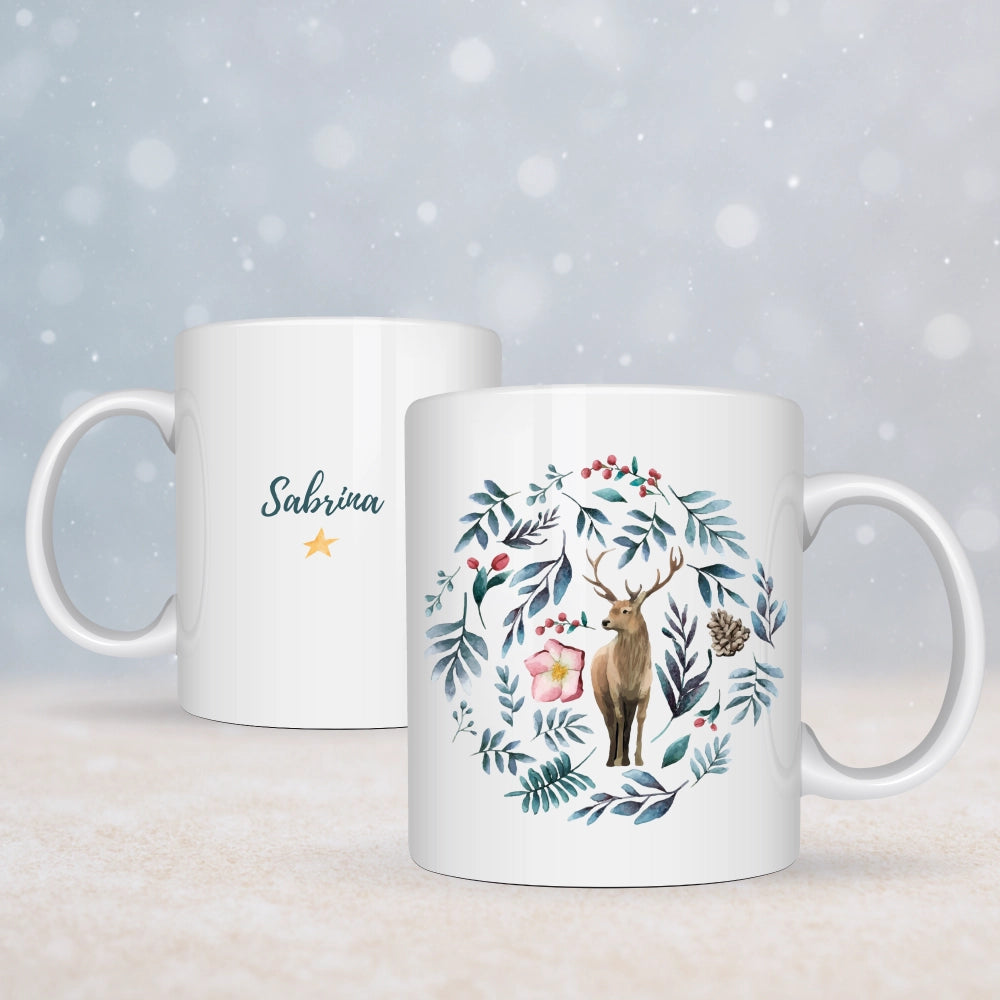 Personalisierte Weihnachtstasse mit Hirschmotiv