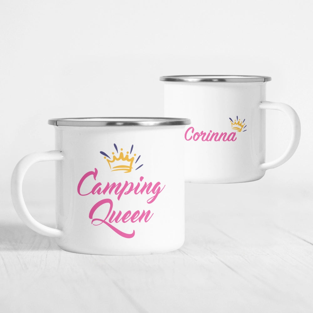Personalisierte Emaille-Tasse "Camping Queen"
