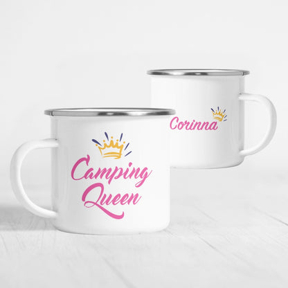 Personalisierte Emaille-Tasse "Camping Queen"