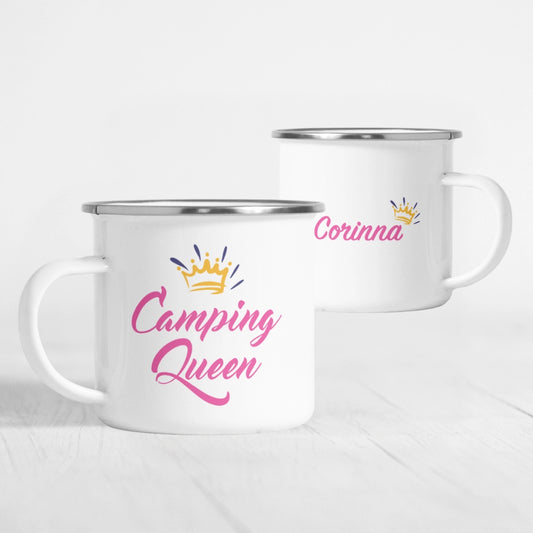 Personalisierte Emaille-Tasse "Camping Queen"