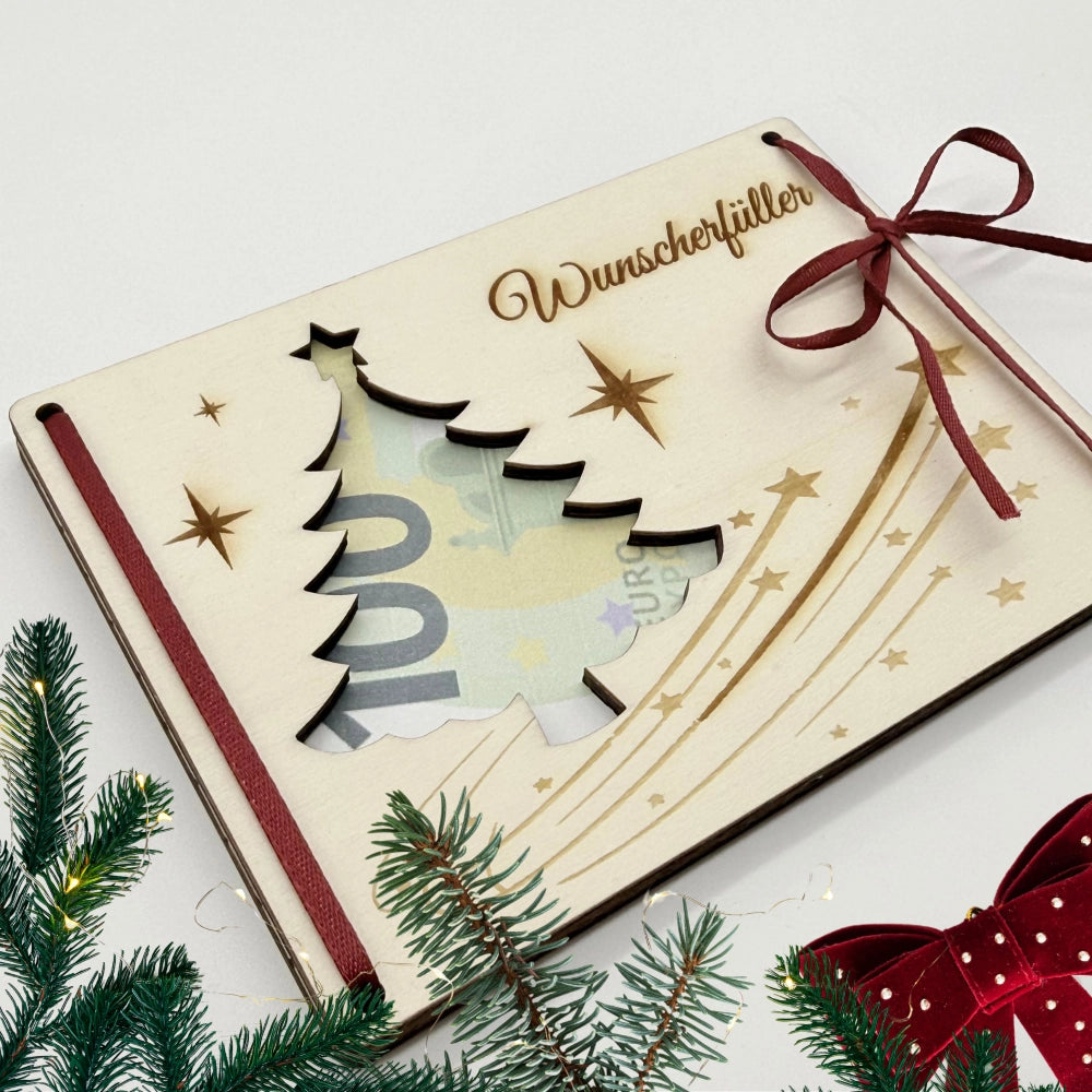 Holzkarte als Geldgeschenk zu Weihnachten "Wunscherfüller"