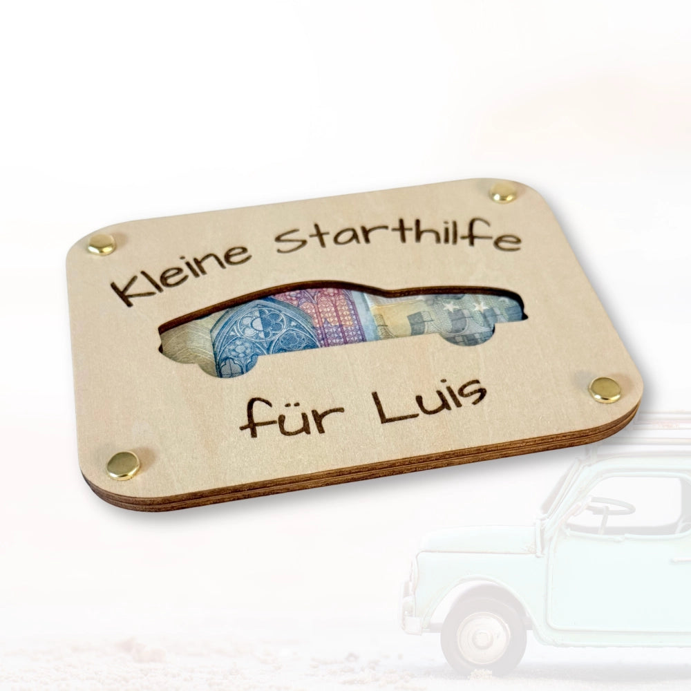 Personalisierte Holzkarte als Geldgeschenk für Führerschein "Kleine Starthilfe"