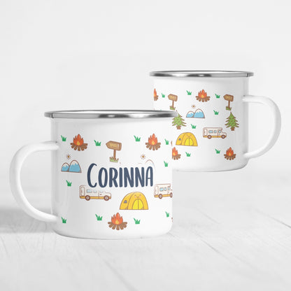 Personalisierte Emaille-Tasse "Camping Collage"
