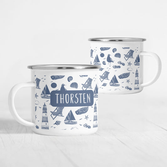 Personalisierte Emaille-Tasse "Collage Maritim"