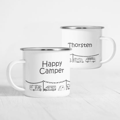 Personalisierte Emaille-Tasse "Happy Camper"