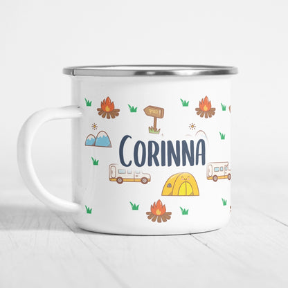 Personalisierte Emaille-Tasse "Camping Collage"