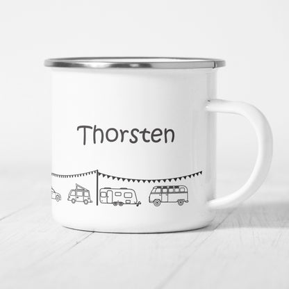 Personalisierte Emaille-Tasse "Happy Camper"