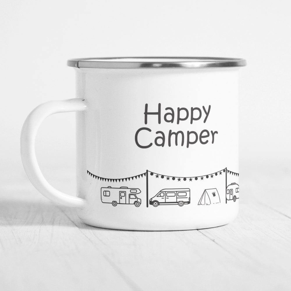 Personalisierte Emaille-Tasse "Happy Camper"