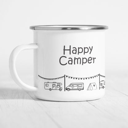 Personalisierte Emaille-Tasse "Happy Camper"