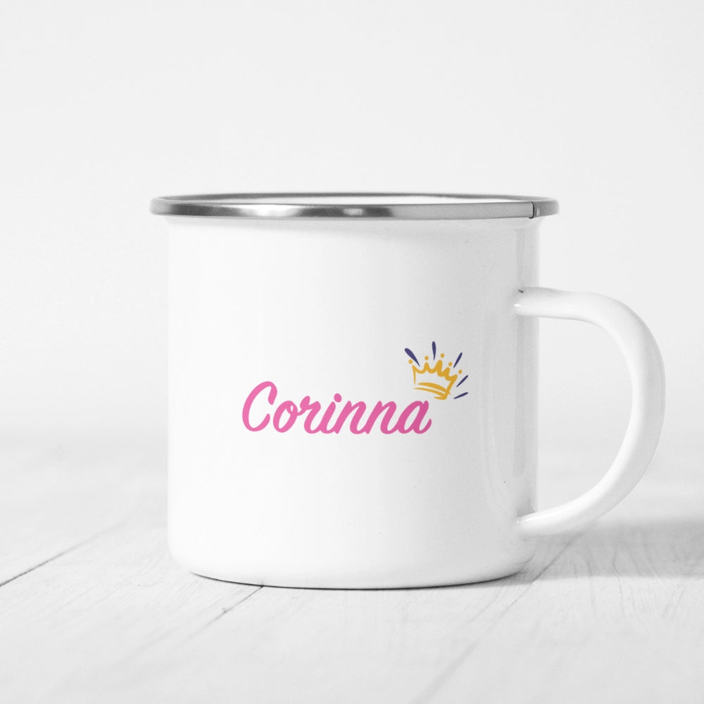 Personalisierte Emaille-Tasse "Camping Queen"