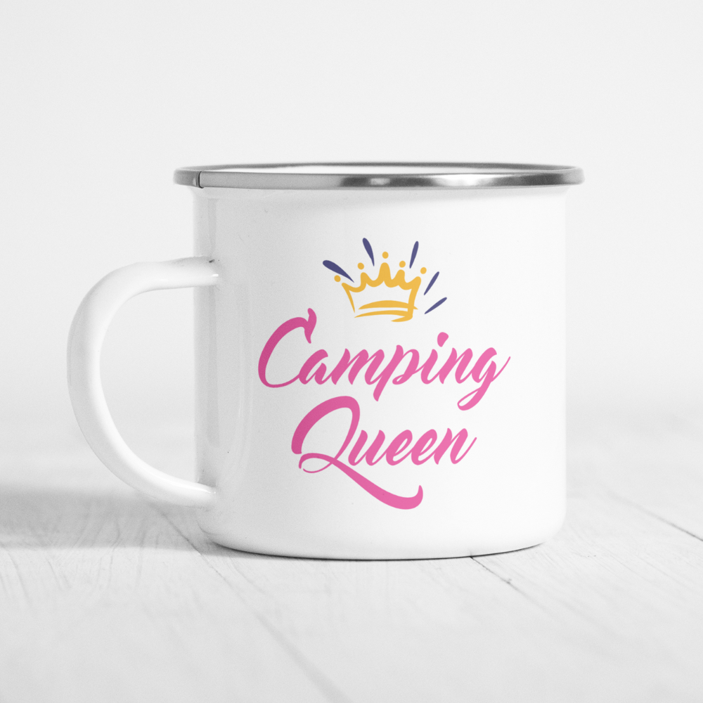 Personalisierte Emaille-Tasse "Camping Queen"