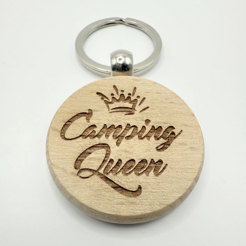 Personalisierter runder Schlüsselanhänger "Camping Queen"