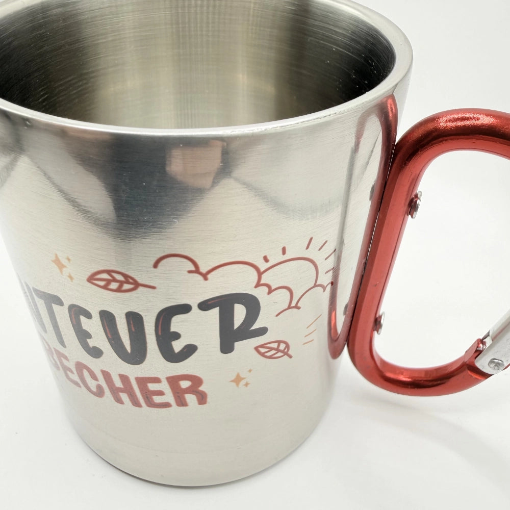 Edelstahl Trinkbecher mit Karabiner-Griff "Abenteuer Becher"