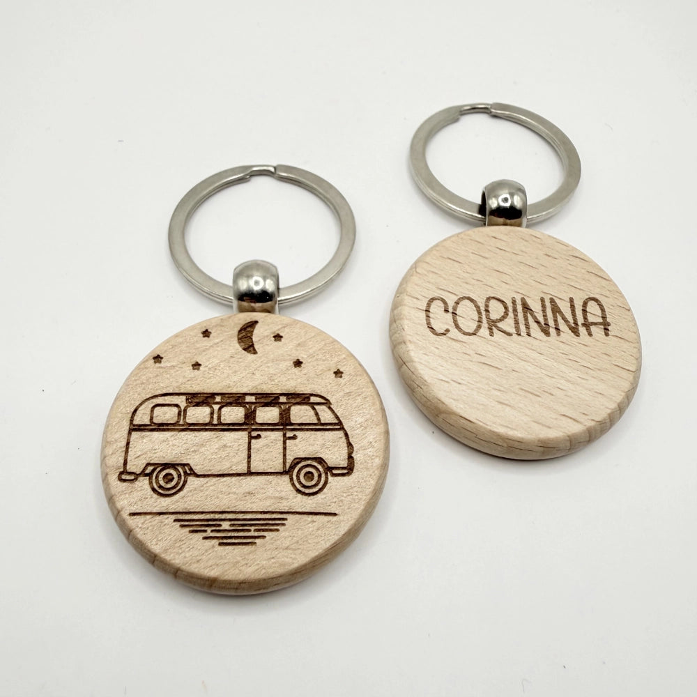 Personalisierter runder Schlüsselanhänger "Camping" - 9 Motive zur Auswahl