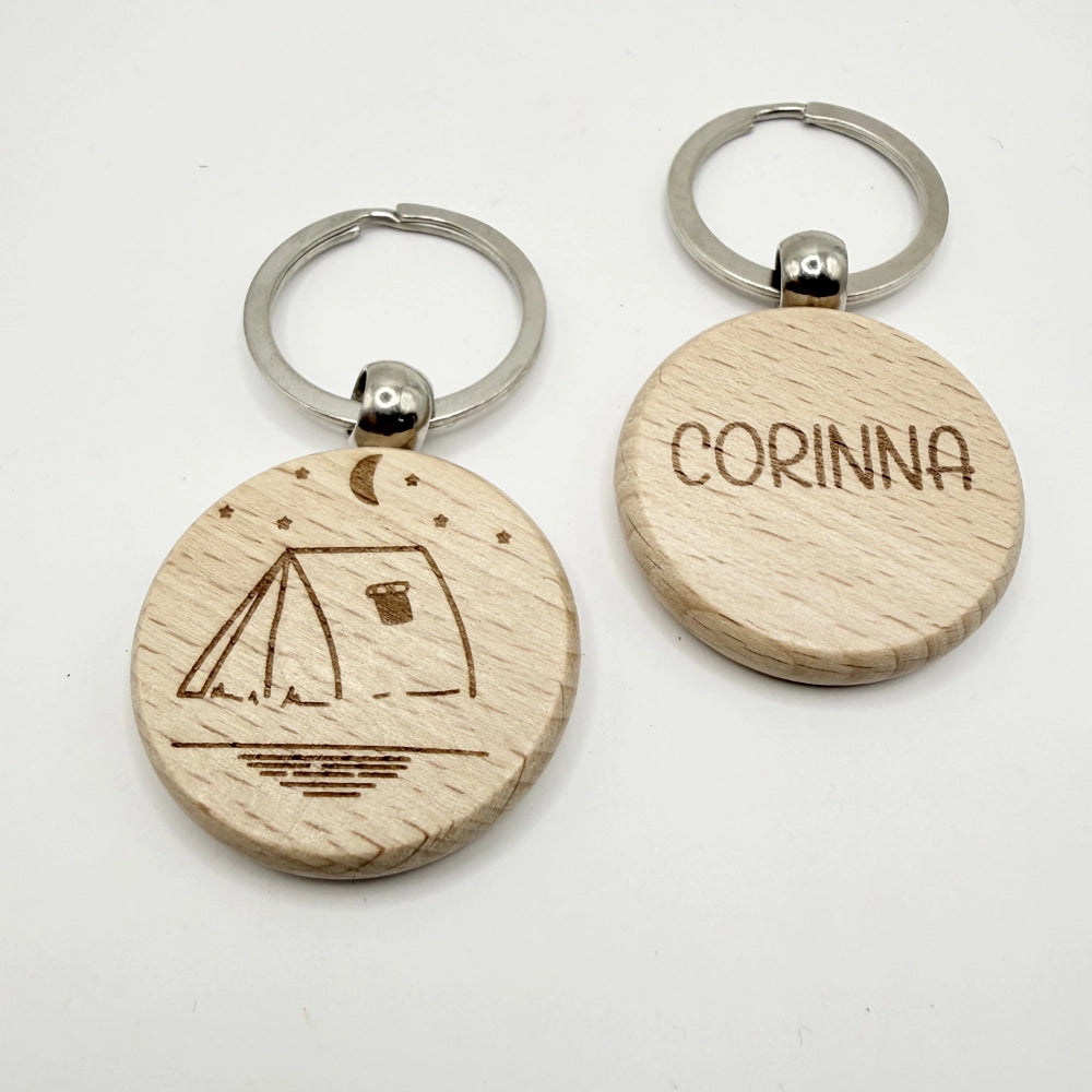 Personalisierter runder Schlüsselanhänger "Camping" - 9 Motive zur Auswahl