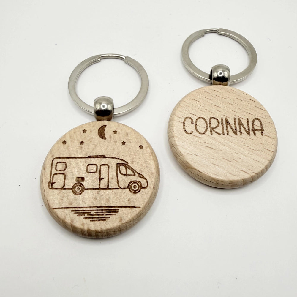 Personalisierter runder Schlüsselanhänger "Camping" - 9 Motive zur Auswahl