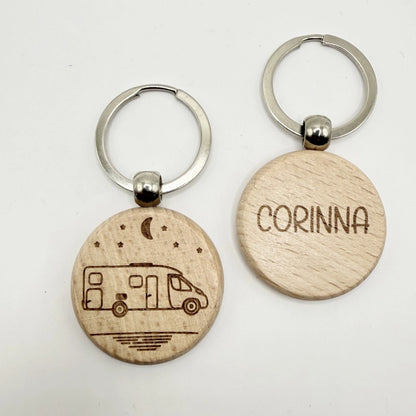 Personalisierter runder Schlüsselanhänger "Camping" - 9 Motive zur Auswahl