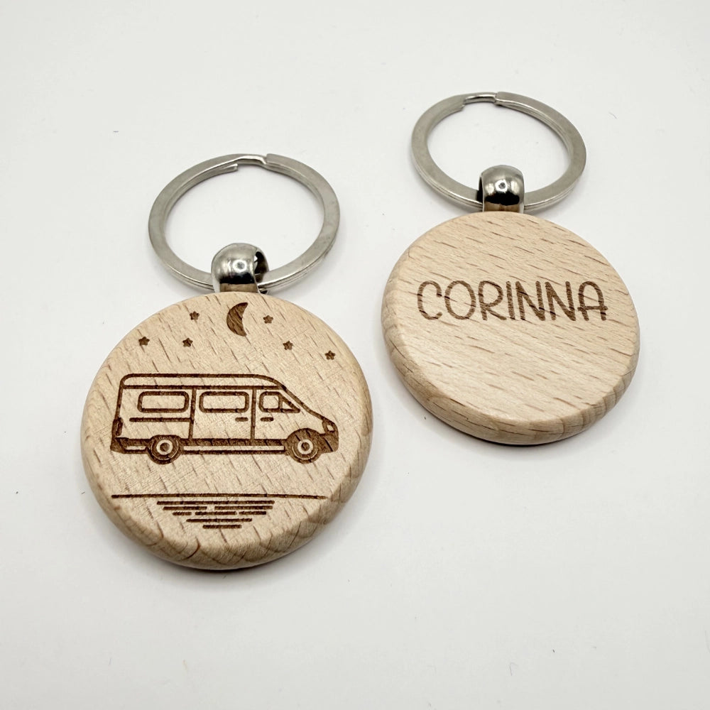 Personalisierter runder Schlüsselanhänger "Camping" - 9 Motive zur Auswahl