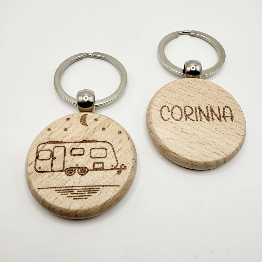 Personalisierter runder Schlüsselanhänger "Camping" - 9 Motive zur Auswahl
