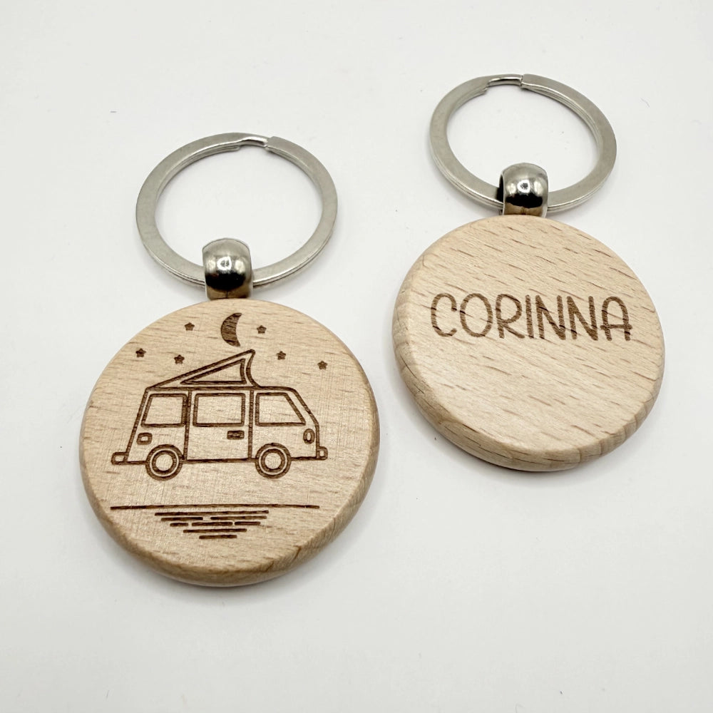 Personalisierter runder Schlüsselanhänger "Camping" - 9 Motive zur Auswahl