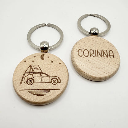 Personalisierter runder Schlüsselanhänger "Camping" - 9 Motive zur Auswahl