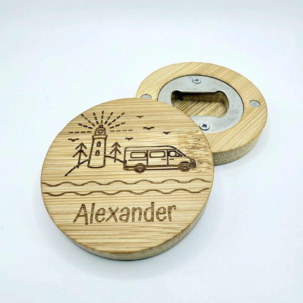 Personalisierter Flaschenöffner-Magnet "Camping" + Flaschenöffner - 9 Motive