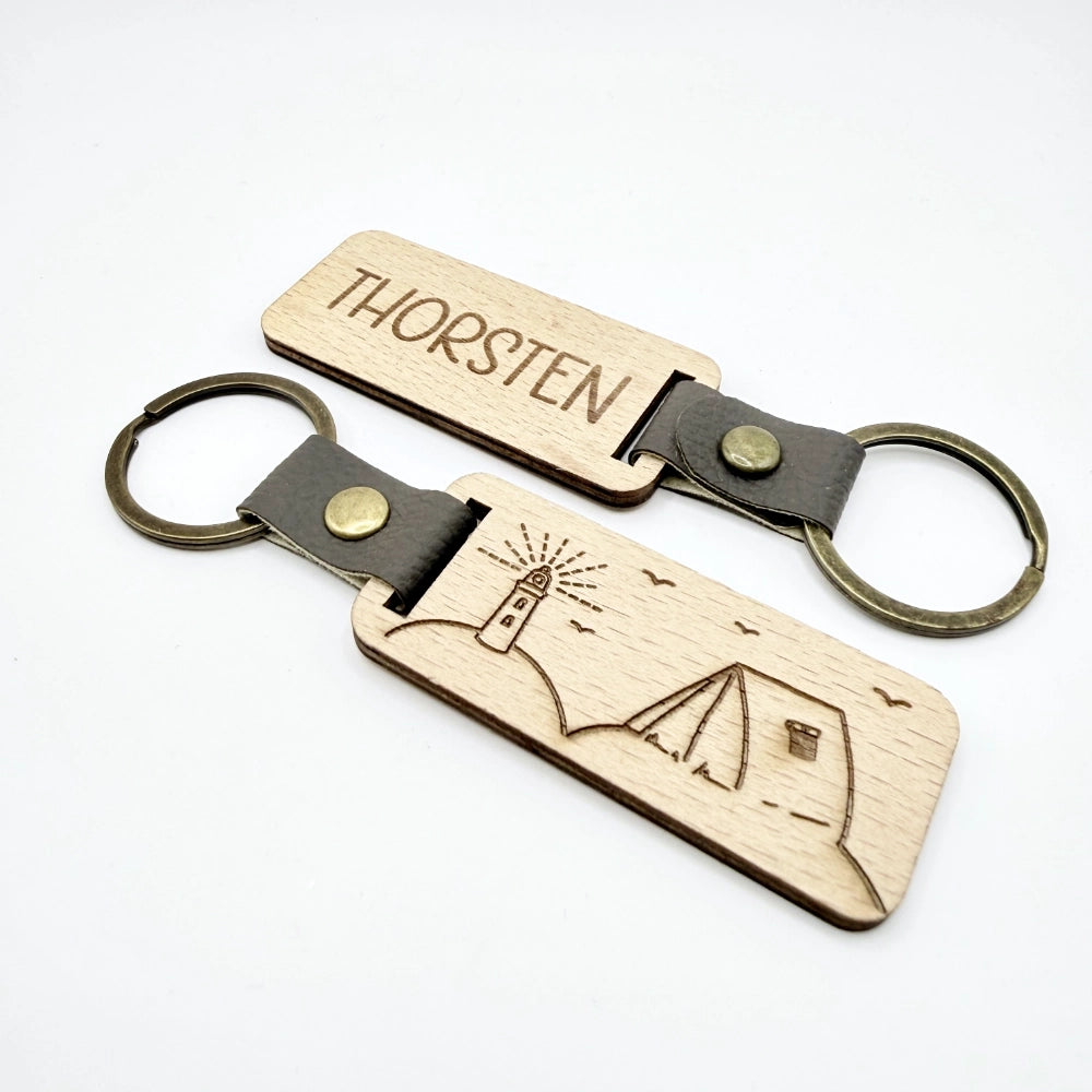 Personalisierter Holz-Schlüsselanhänger "Camping" - 9 Motive zur Auswahl