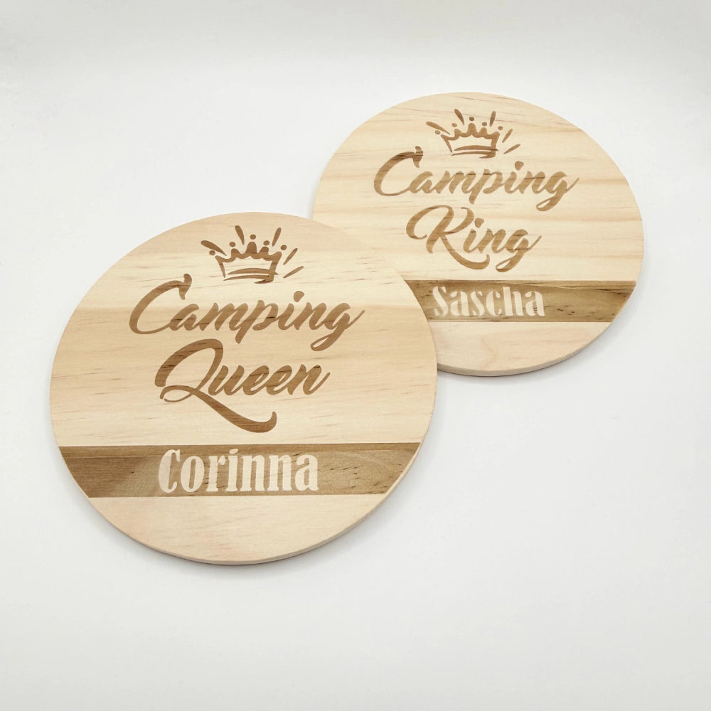 Personalisiertes Holz-Untersetzer Set "Camping King & Camping Queen"