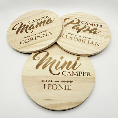 Personalisierte Holzuntersetzer 3er-Set Camper Familie