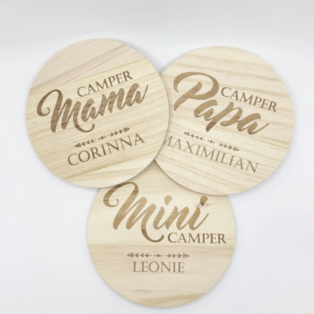 Personalisierte Holzuntersetzer 3er-Set Camper Familie