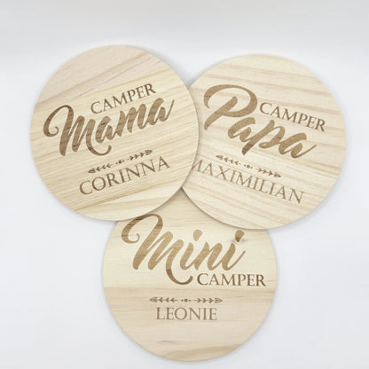 Personalisierte Holzuntersetzer 3er-Set Camper Familie
