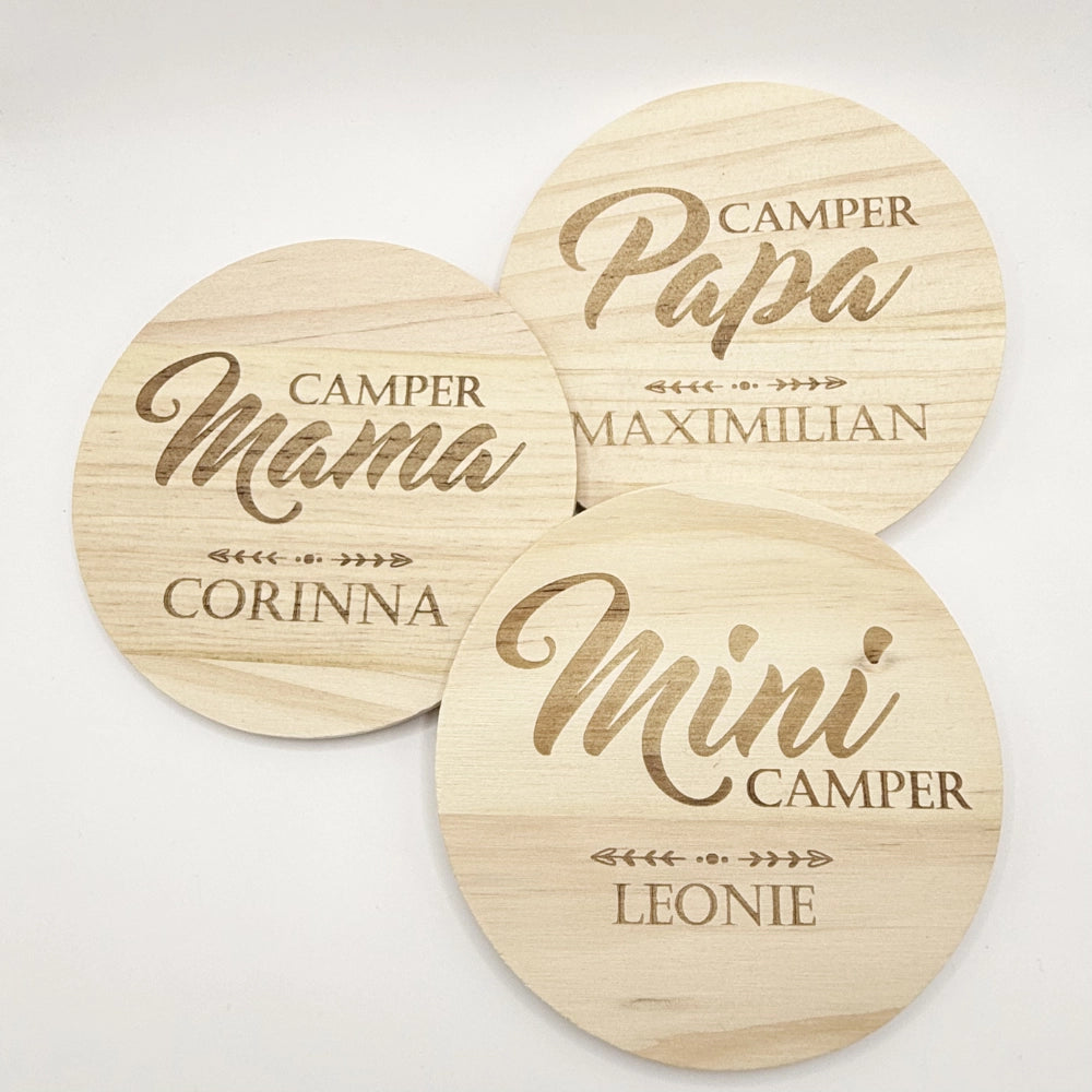 Personalisierte Holzuntersetzer 3er-Set Camper Familie
