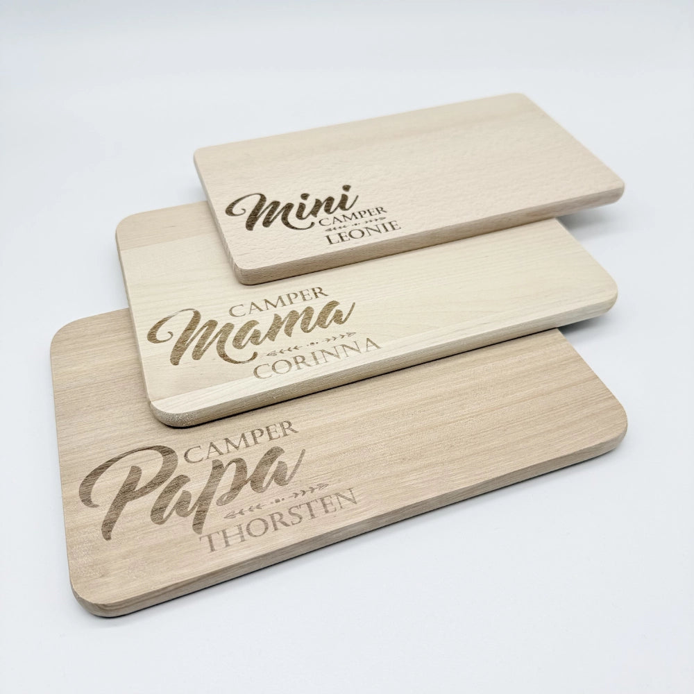 Personalisiertes Frühstücksbrettchen 3er-Set "Camper Familie"