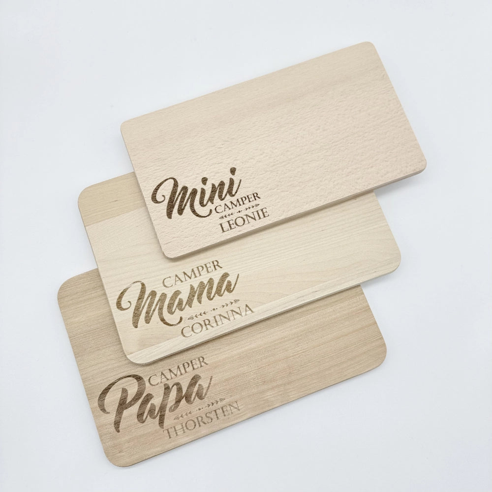 Personalisiertes Frühstücksbrettchen 3er-Set "Camper Familie"