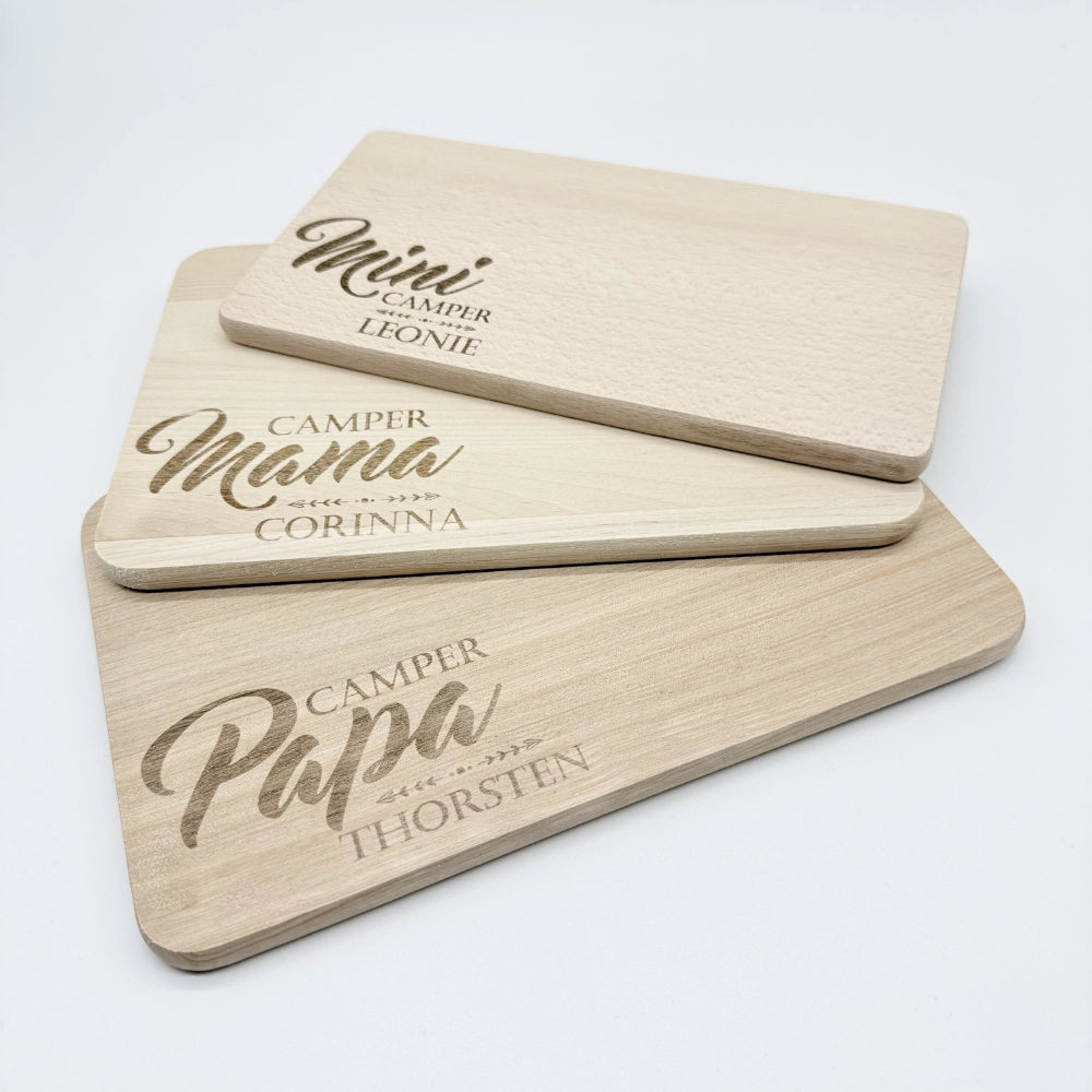 Personalisiertes Frühstücksbrettchen 3er-Set "Camper Familie"