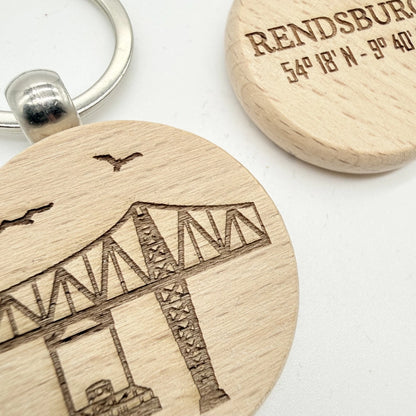 Runder Schlüsselanhänger "Hochbrücke Schwebefähre Rendsburg"