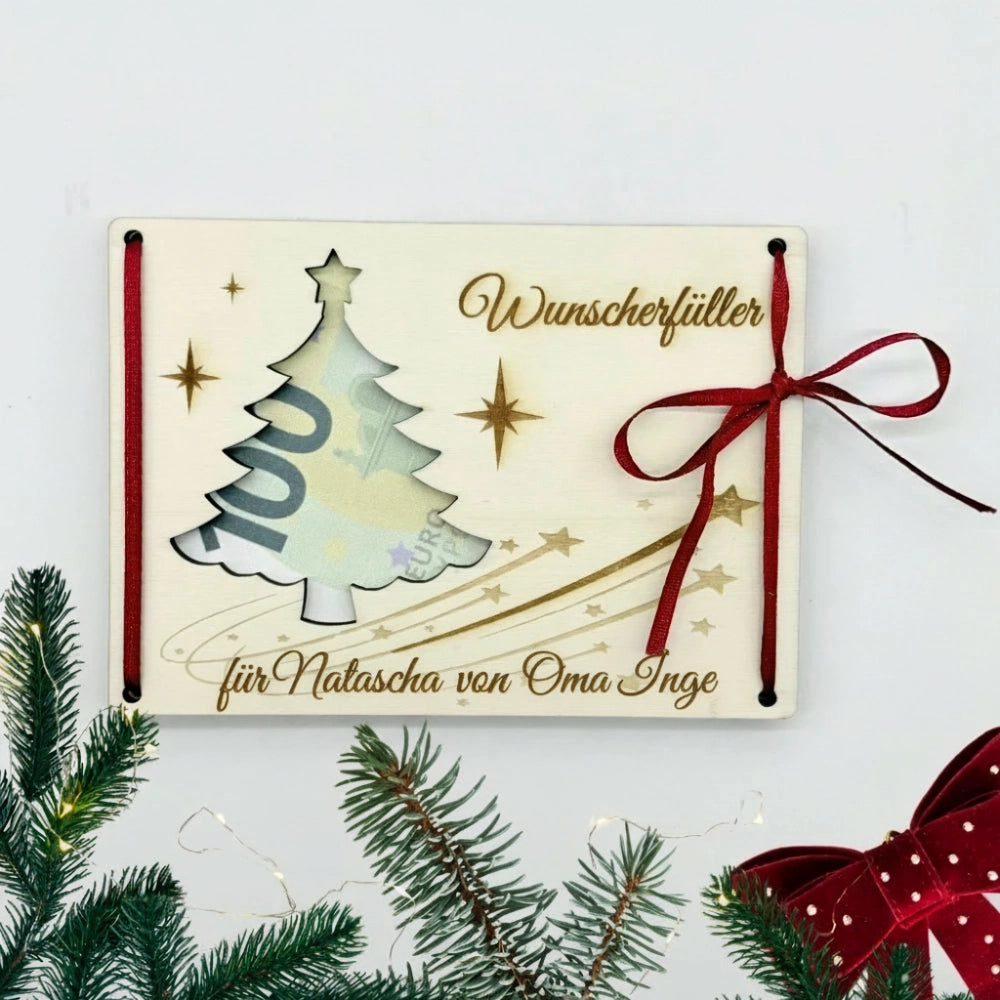 Personalisierte Holzkarte als Geldgeschenk zu Weihnachten "Wunscherfüller"