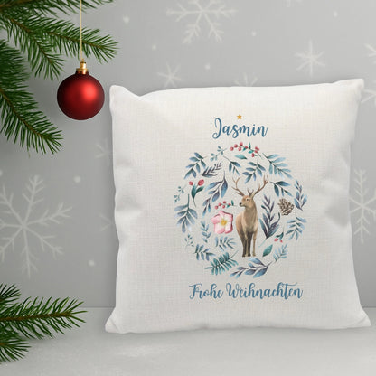 Personalisiertes Weihnachtskissen Hirsch "Frohe Weihnachten"