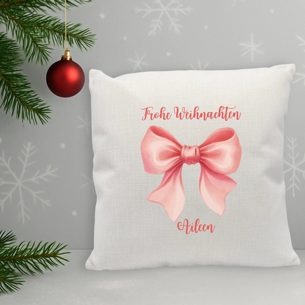 Personalisiertes Weihnachtskissen mit Schleife "Frohe Weihnachten"