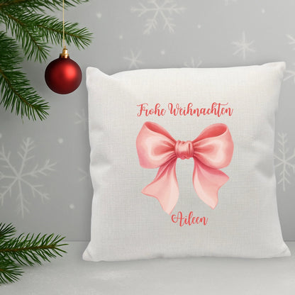 Personalisiertes Weihnachtskissen mit Schleife "Frohe Weihnachten"