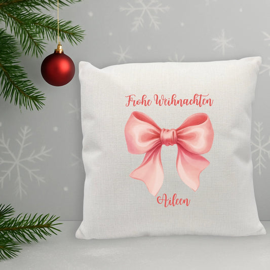 Personalisiertes Weihnachtskissen mit Schleife "Frohe Weihnachten"